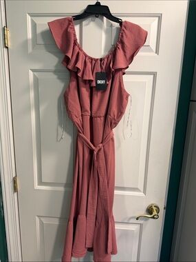 DKNY Rose-Mauve Ruffle Midi Dress with Tie Waist